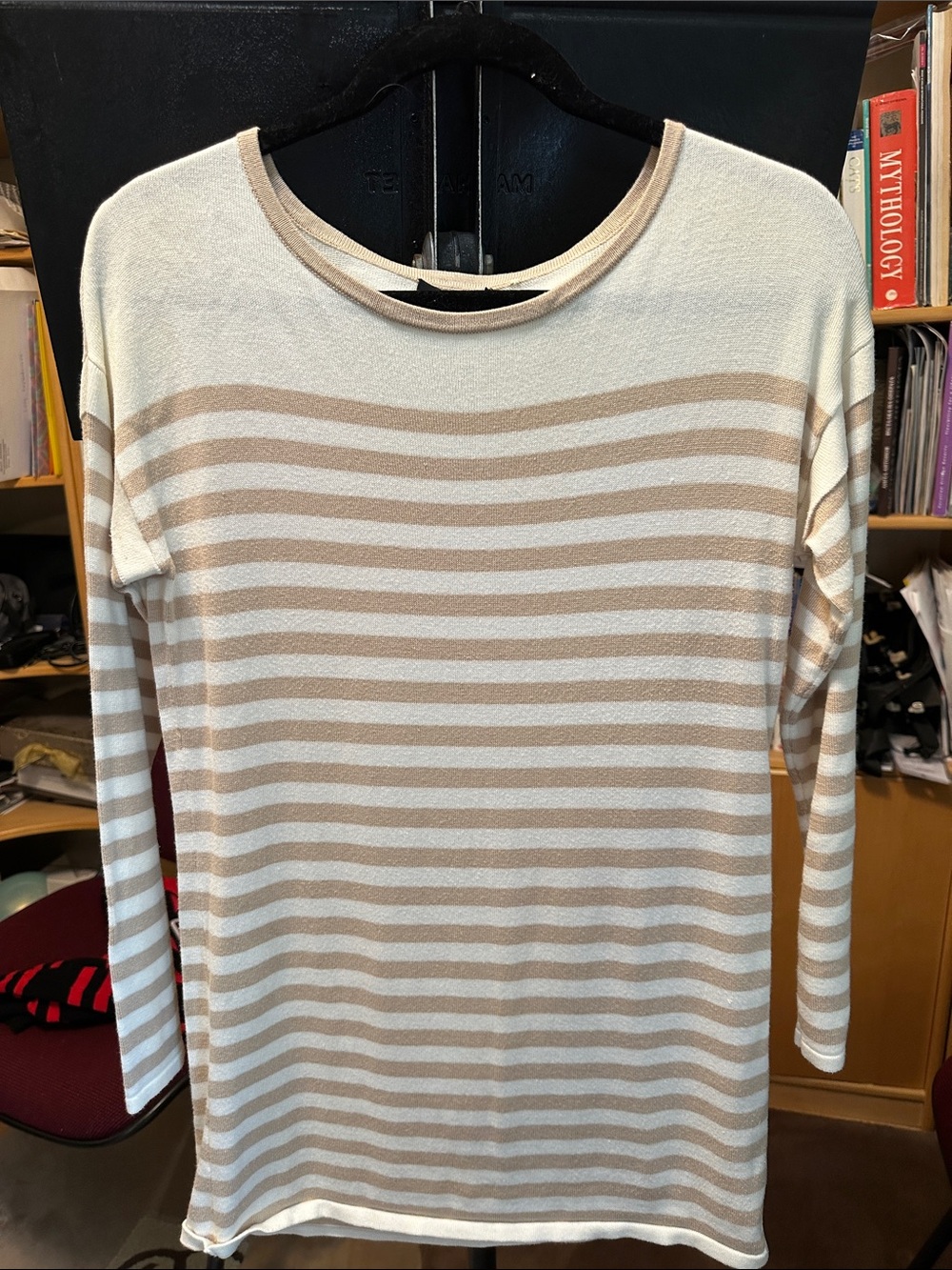 Anthropologie Cream and Tan Striped Long-Sleeve Top